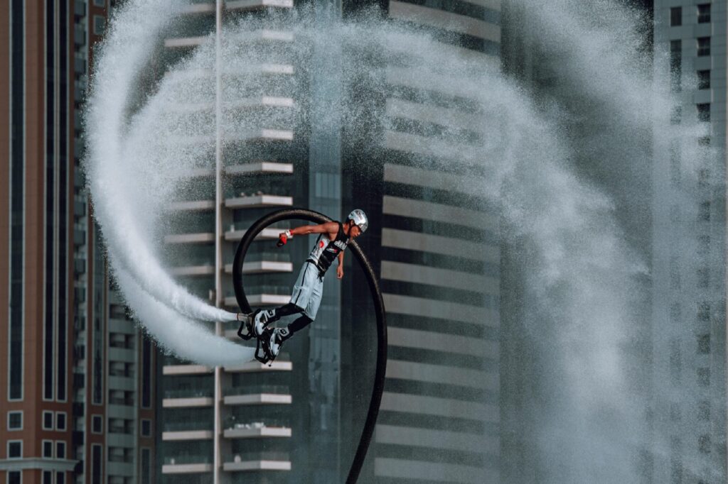 A person experiencing Flyboarding in UAE