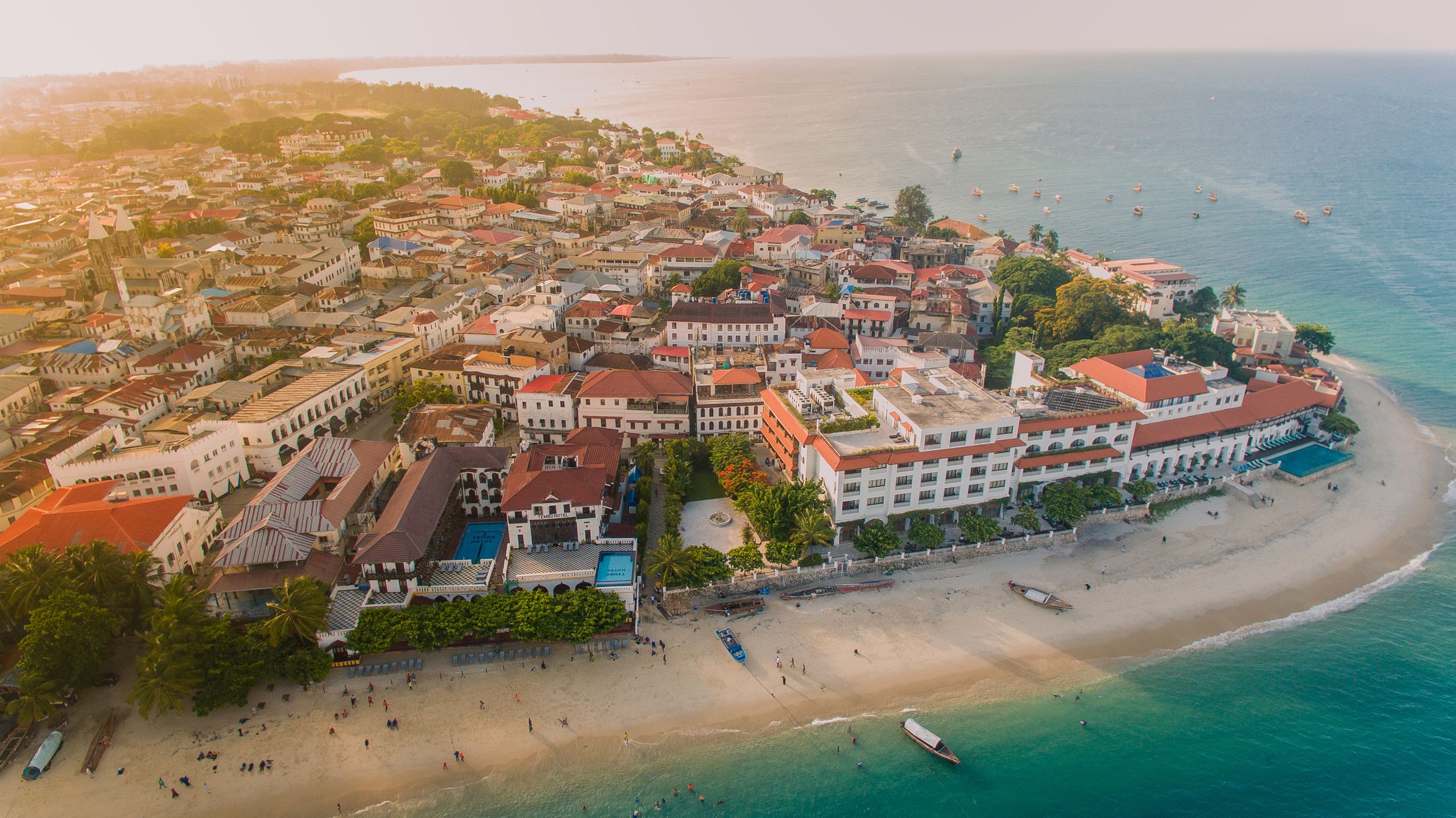 A breathtaking aerial shot of Stone Town, Zanzibar featuring historic architecture and scenic coastline.