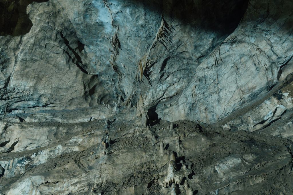 Dramatic view of stalactites and rock formations in New Athos Cave, Georgia
